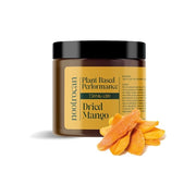 A jar with a black lid labeled "Nootrocan 750mg Full Spectrum CBD Nootropic Dried Fruits" showing a capacity of 300g. Next to the jar are several dried fruit slices. The label has a yellow background with black text, highlighting its nootropic benefits.